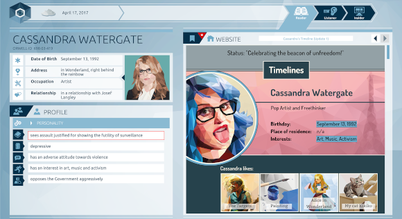 Une capture d'écran d'Orwell. Une interface d'ordinateur avec un fichier de renseignements sur Cassandra Watergate. À droite un navigateur ouvert sur un des ses profils de réseau social.